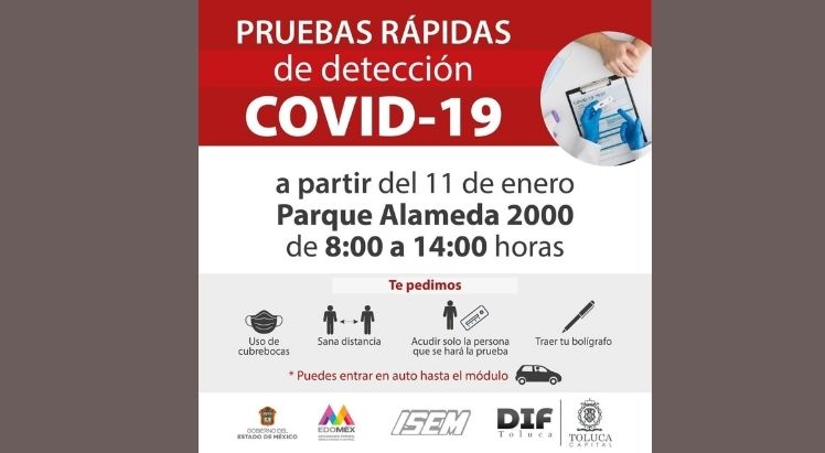 Diario, hasta mil pruebas rápidas gratis en Parque Alameda de Toluca